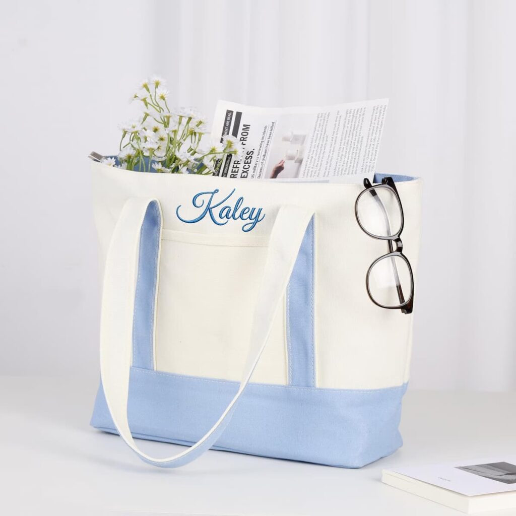 Personalized monogrammed blue and white canvas bag for blue and white gift ideas.
