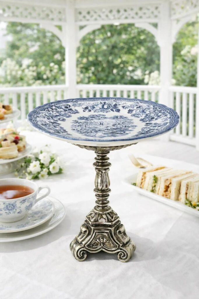 Tiered pedestal tray with silver and blue and white dish for hostess blue and white gifts.