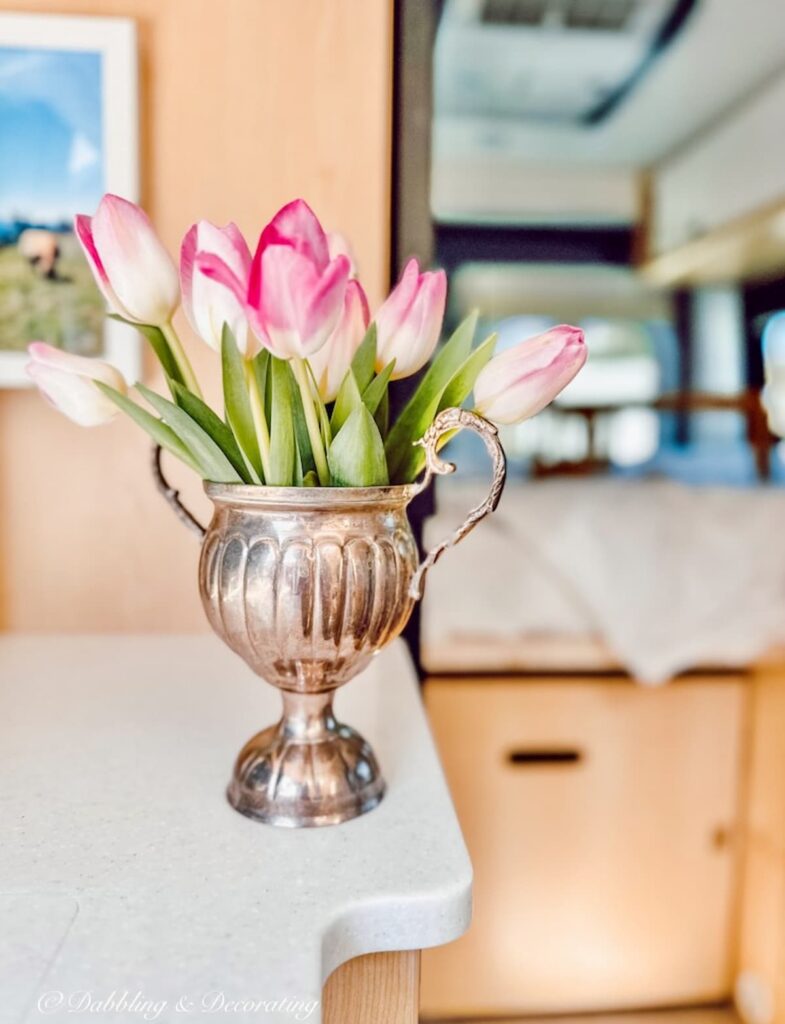 Pink Tulip displayed on RV counter with Bedding in the background.
