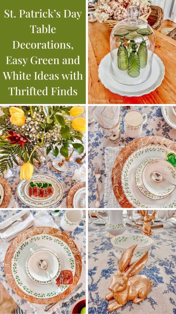 St. Patrick’s Day Table Decorations, Easy Green and White Ideas with Thrifted Finds photo collage.