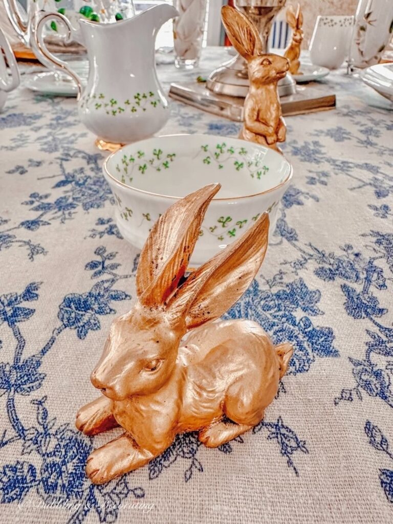 Gold Bunny Figurines on St. Patrick's Day Tablescape