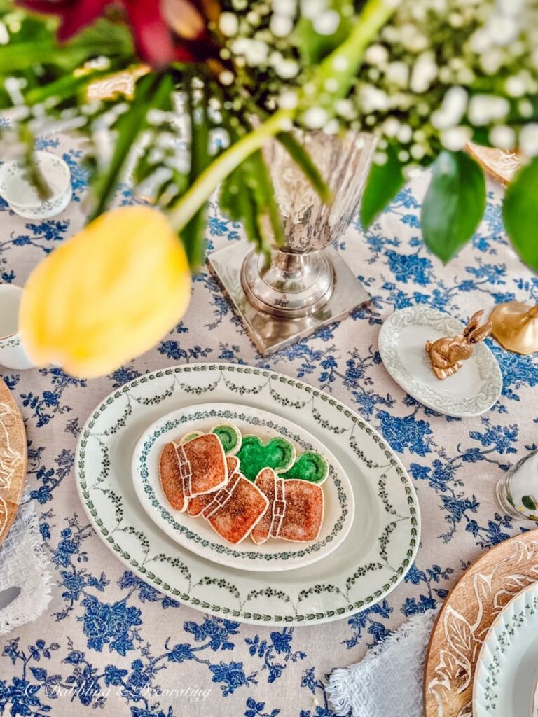 St. Patrick's Day cookies on green and white platters.