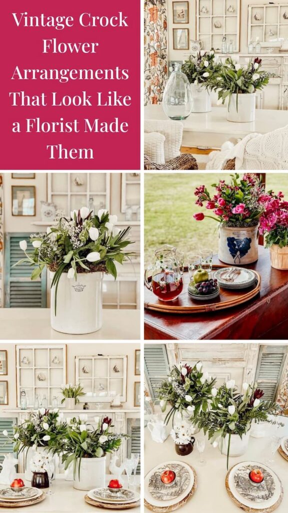 Vintage Crock Flower Arrangements That Look Like a Florist Made Them photo collage.