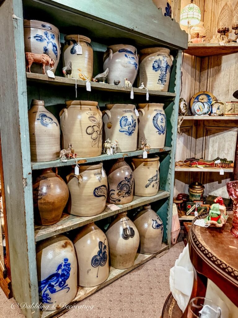 Collection of antique crocks displayed in an antique store in the Finger Lakes.