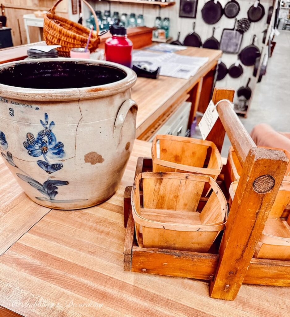 Vintage Crock and Gardening Box at antique store check out.