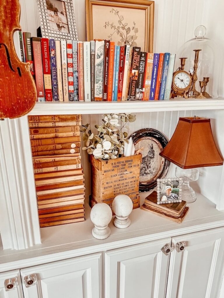 Cottage Farmhouse Bookshelves with Brown Oil Lamp Find