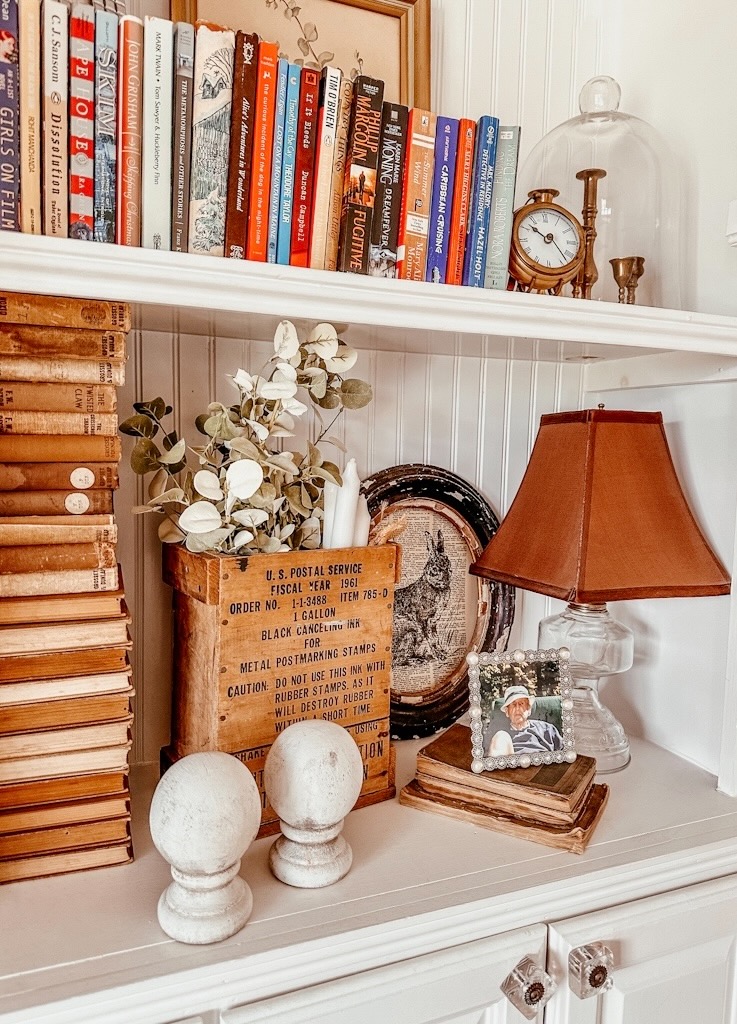 Cottage Farmhouse Bookshelves with Brown Oil Lamp Find
