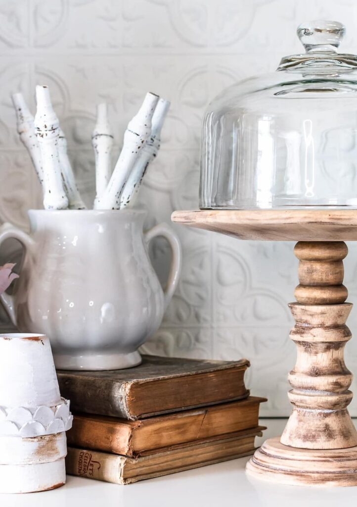 DIY Cake Pedestal with Cloche in cottage farmhouse decor.