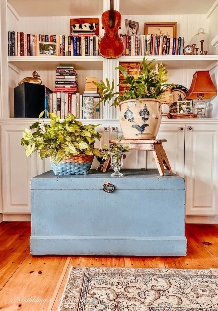 Plant Decor on Old Rustic Blue Trunk in Cozy Corner Nook Living Room