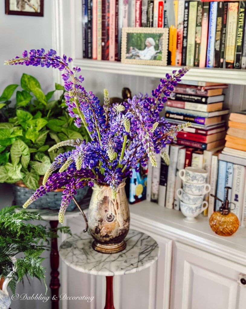 Lupine Flower Arrangement in Book Nook Corner