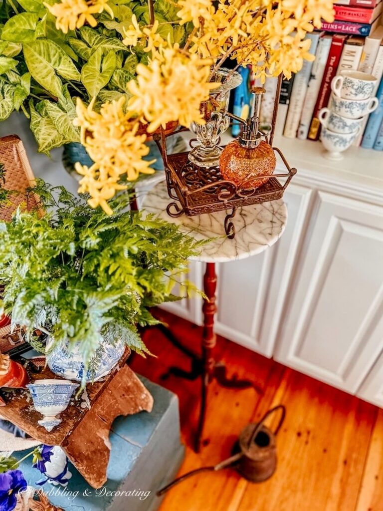 Forsythia branches and plant decor water spritzer in book nook.