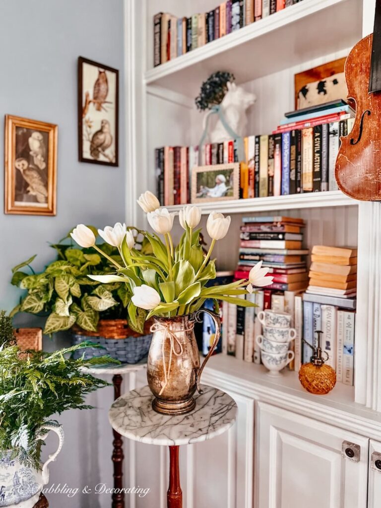 Vintage Marketplace Decor Finds in Corner Book Nook Displayed