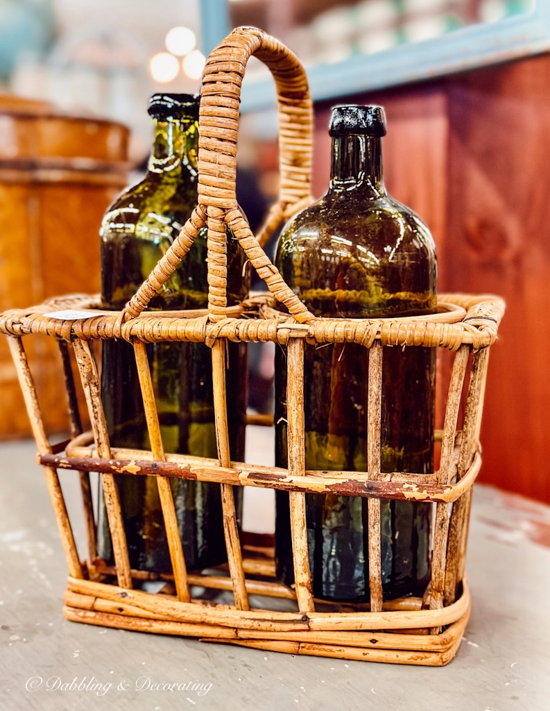 Basket with Handle and Two Bottles at Vintage Marketplace