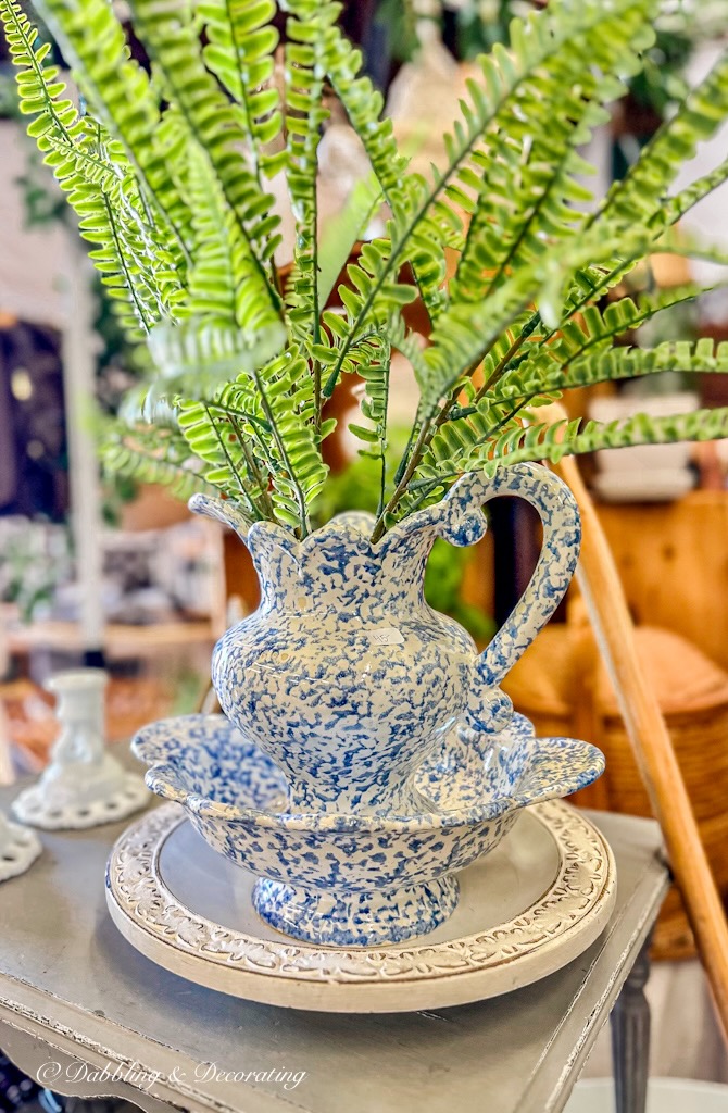 Vintage Spongeware Bowl and Pitcher with Fern Stems
