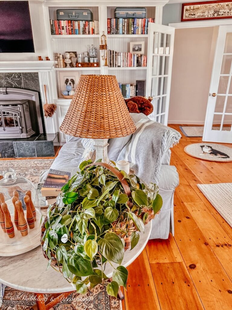 Wicker Lampshade in cottage farmhouse style living room decor.