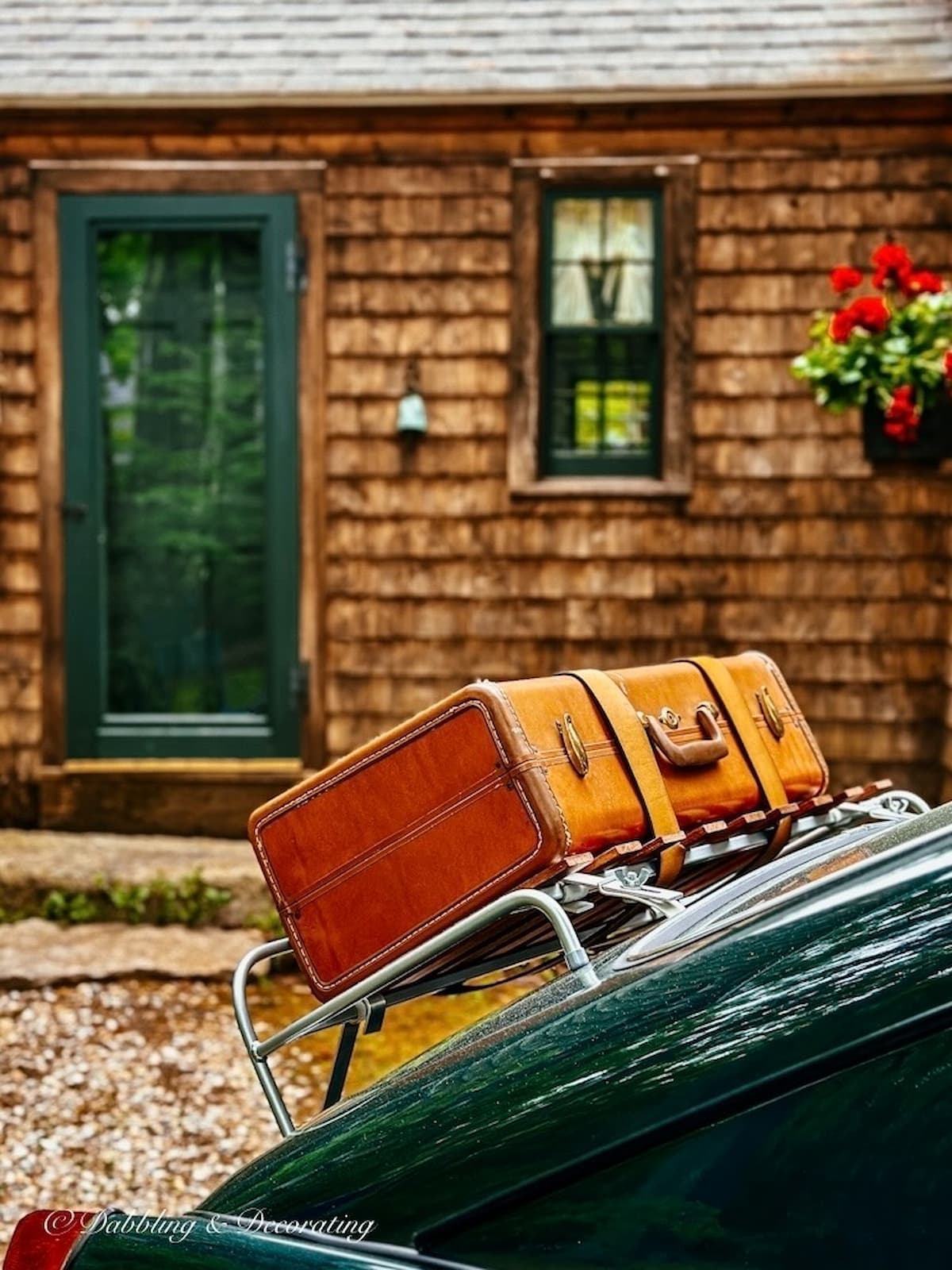 Classic 1968 VW Fastback with Vintage Luggage Rack and Suitcase on Trunk.