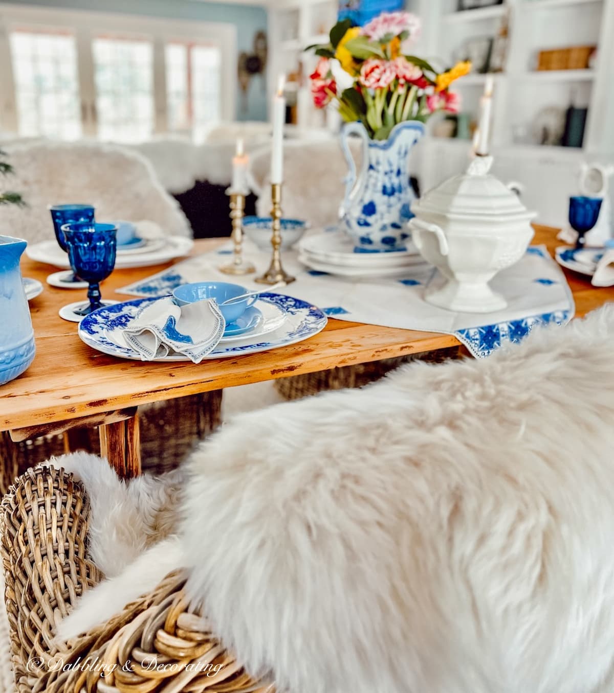 Table with vintage textiles and silverware flatware.