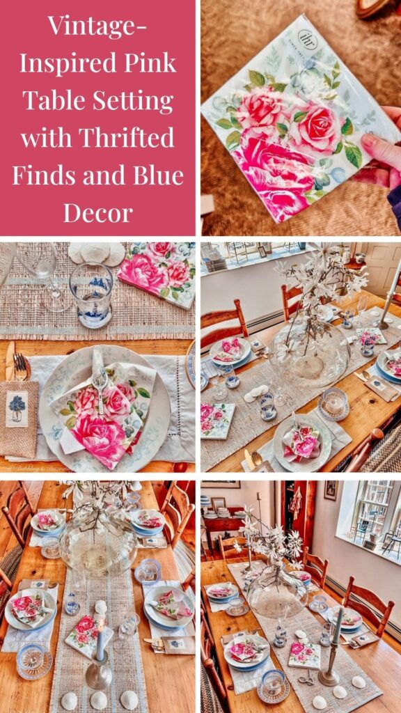 Vintage-Inspired Pink Table Setting with Thrifted Finds and Blue Decor