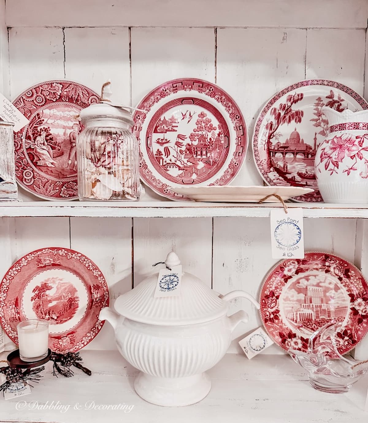 Vintage red and white dishes in a white farmhouse hutch as red decor accents for Patriotic Vintage Decor