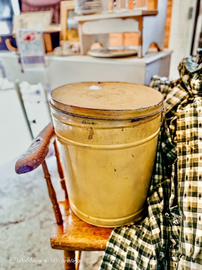 Vintage large yellow tin at Sage Farm Antiques in New England.