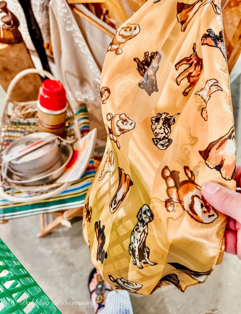Mid century modern silk yellow and dog scarf at Sage Farm Antiques.