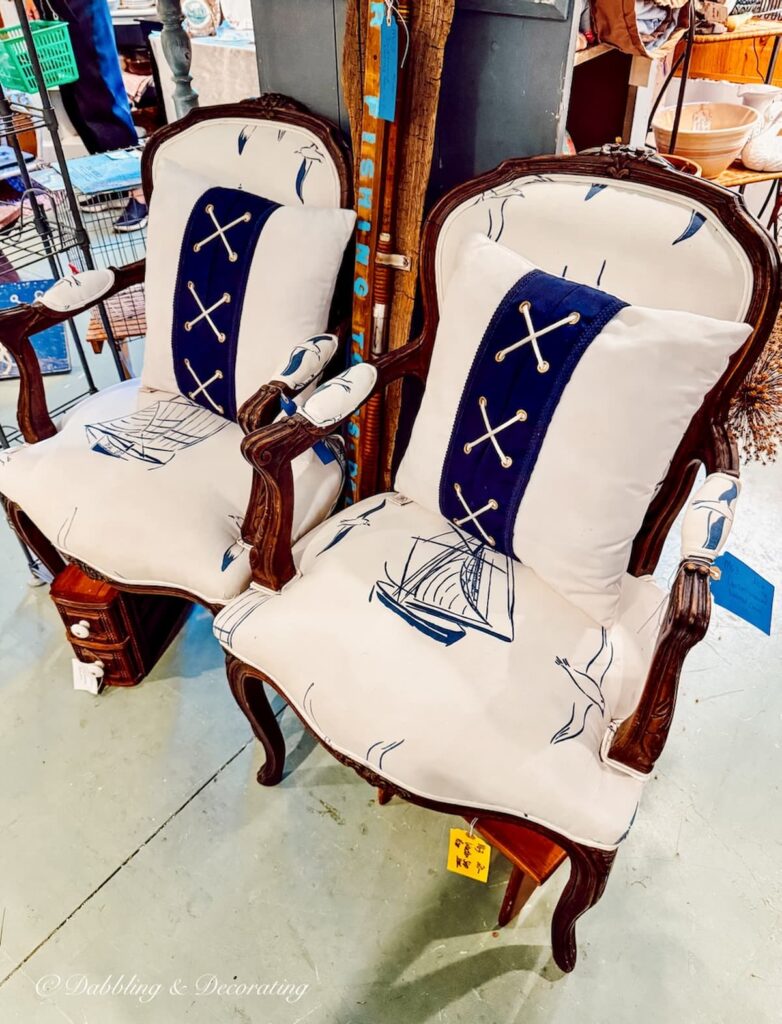Two antique coastal upholstered chairs at Sage Farm Antiques