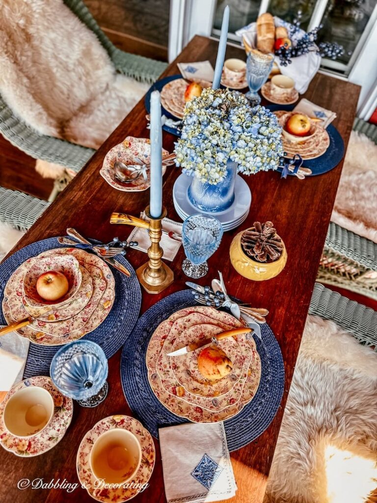 Fall tablescape with Johnson brothers vintage Chintz pattern with blue accents.