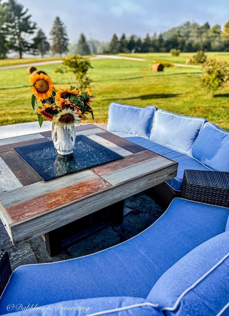 Blue fire pit patio cushions and bouquet of sunflowers in vintage white McCoy vase in backyard.