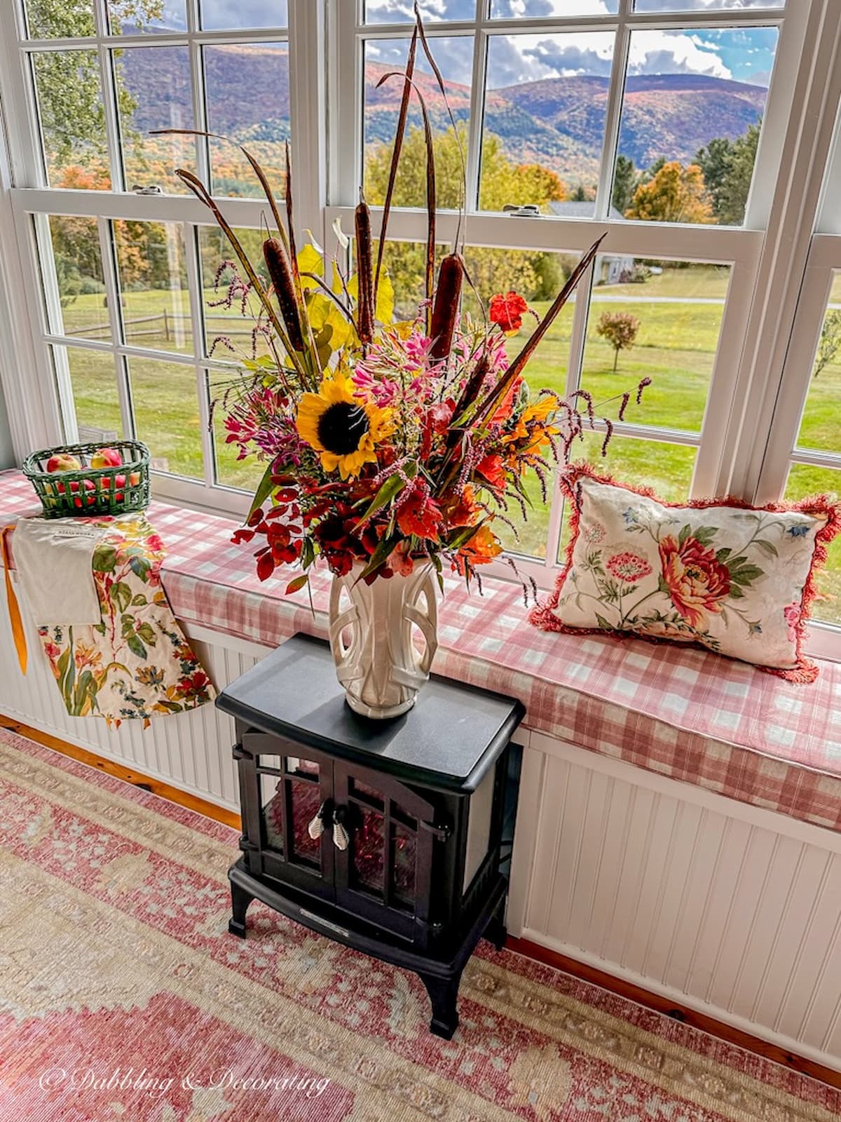 Bouquet of Fall Foraged flowers next to Vermont fall foliage in the mountains backdrop. Vintage Fall Decorating Ideas