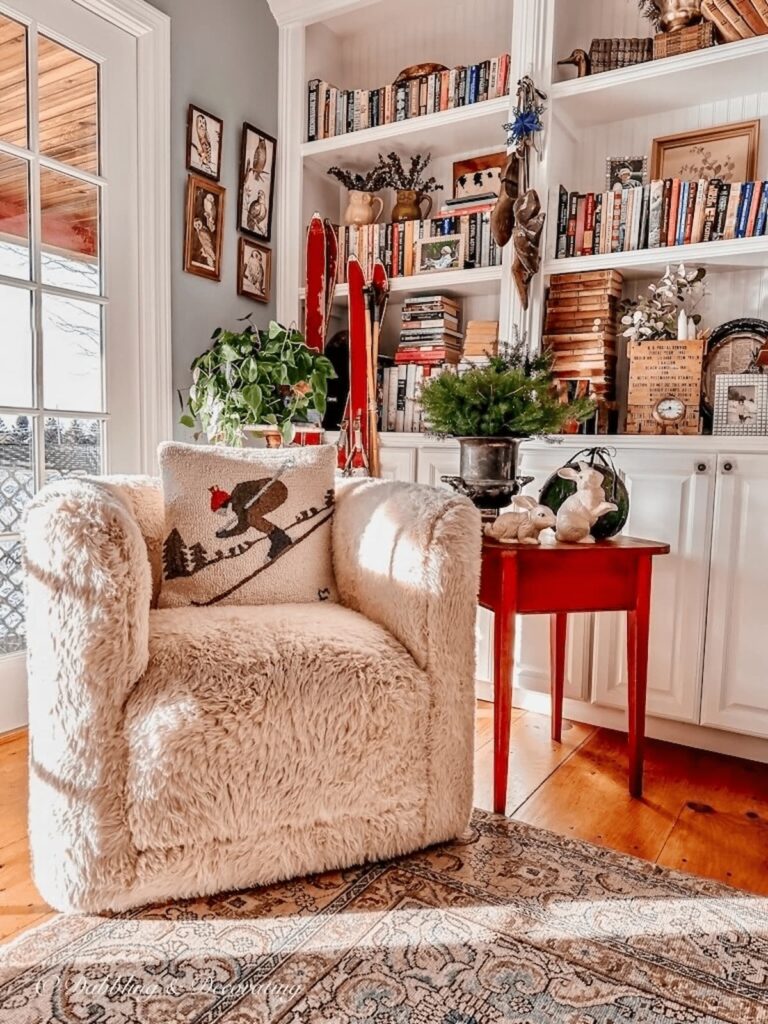 eclectic book nook with plants and vintage finds