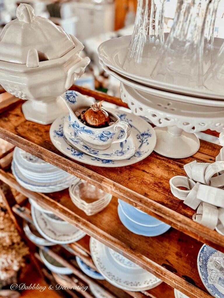 Vintage blue and white gravy boat on cobbler rack with paperwhite bulb as a vintage Christmas Decorations