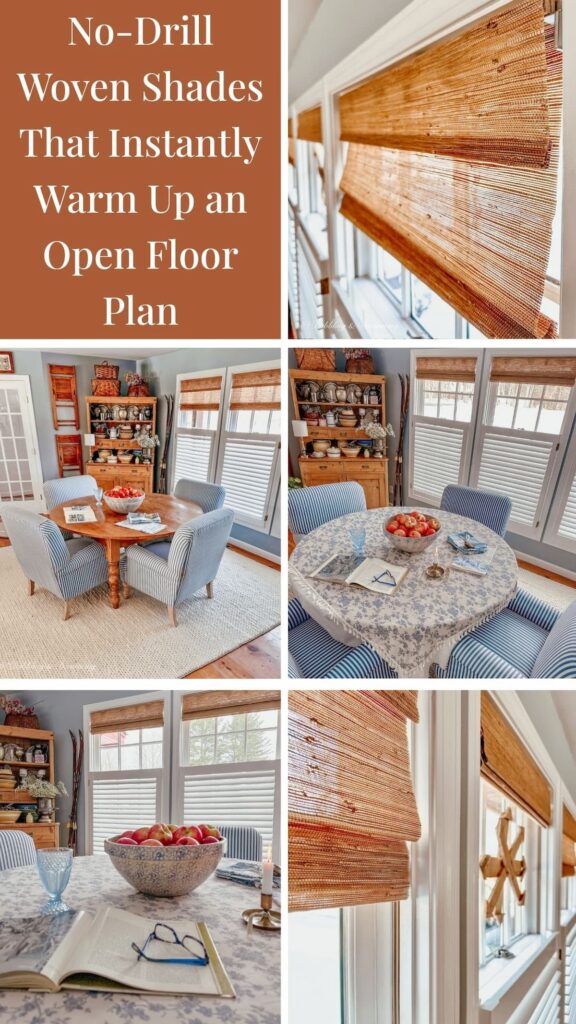 No-Drill Woven Shades That Instantly Warm Up an Open Floor Plan photo collage.