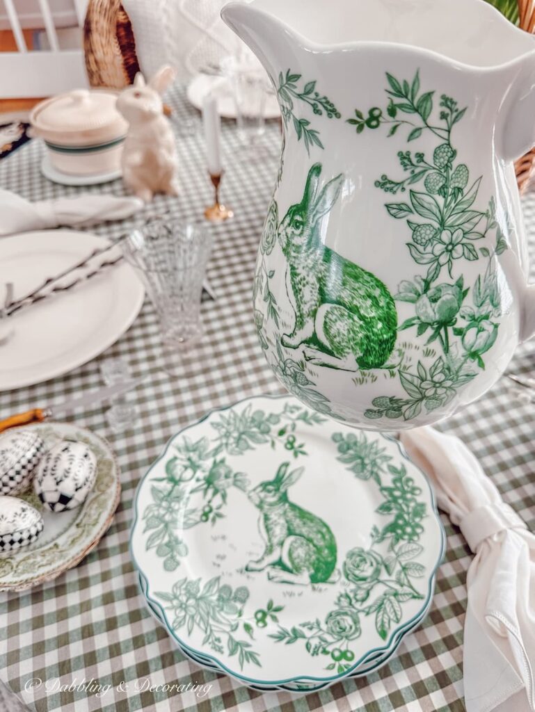 Cozy Cottage Heirloom plates and pitcher by Liz Marie Blog on table.