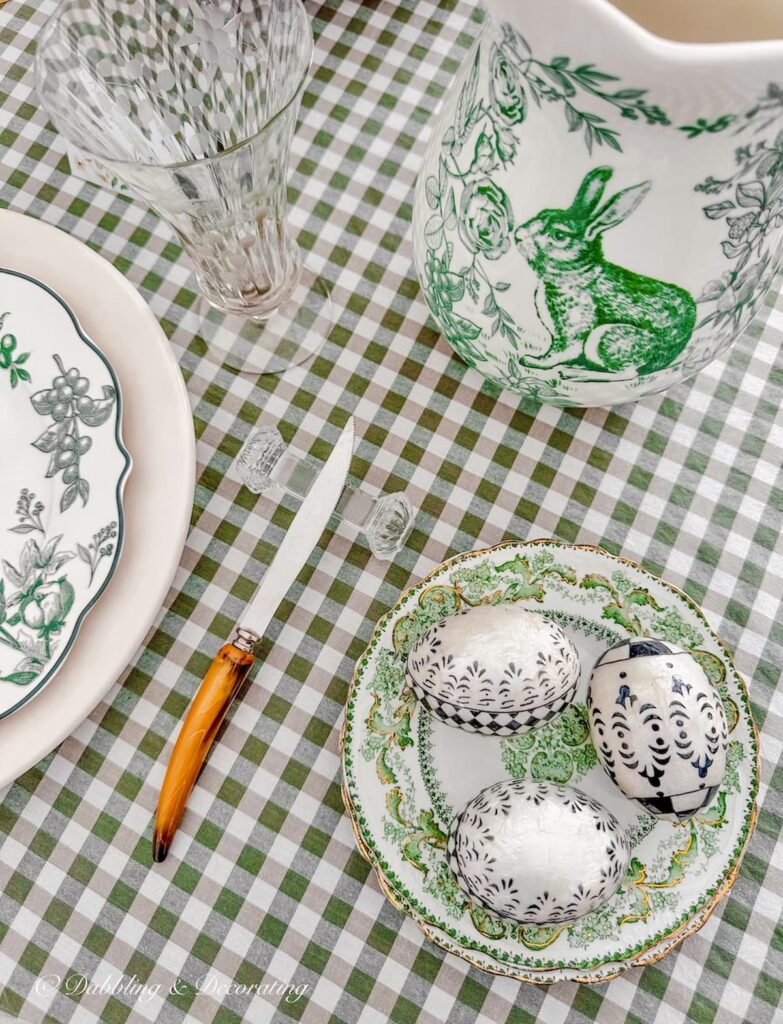 Green and white table decorations vintage and modern eclectic mix for spring.