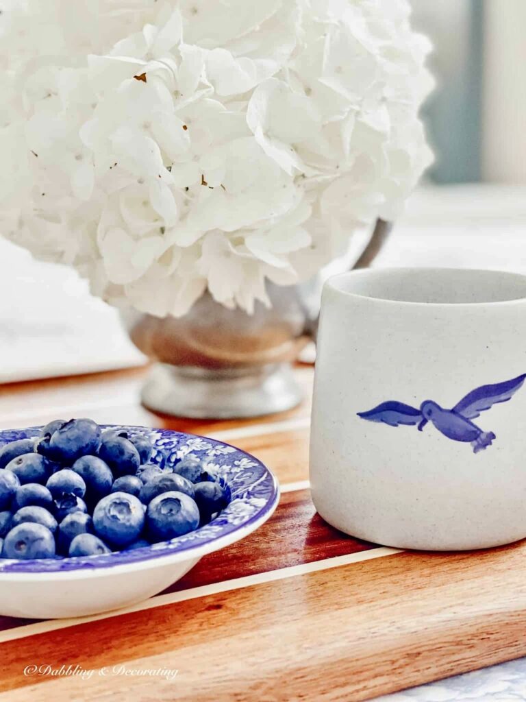 Blue and white nautical breakfast tray in bed.