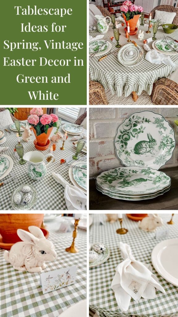 Tablescape Ideas for Spring, Vintage Easter Decor in Green and White photo collage.