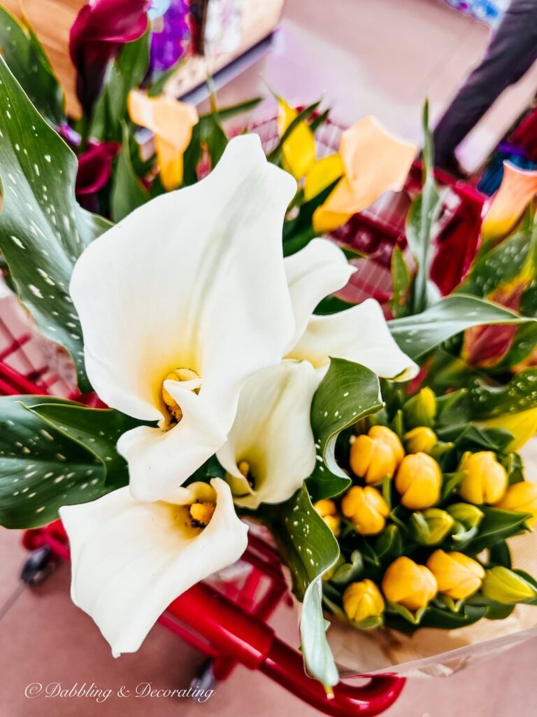Cala lily's in shopping cart at Trader Joe's close up.