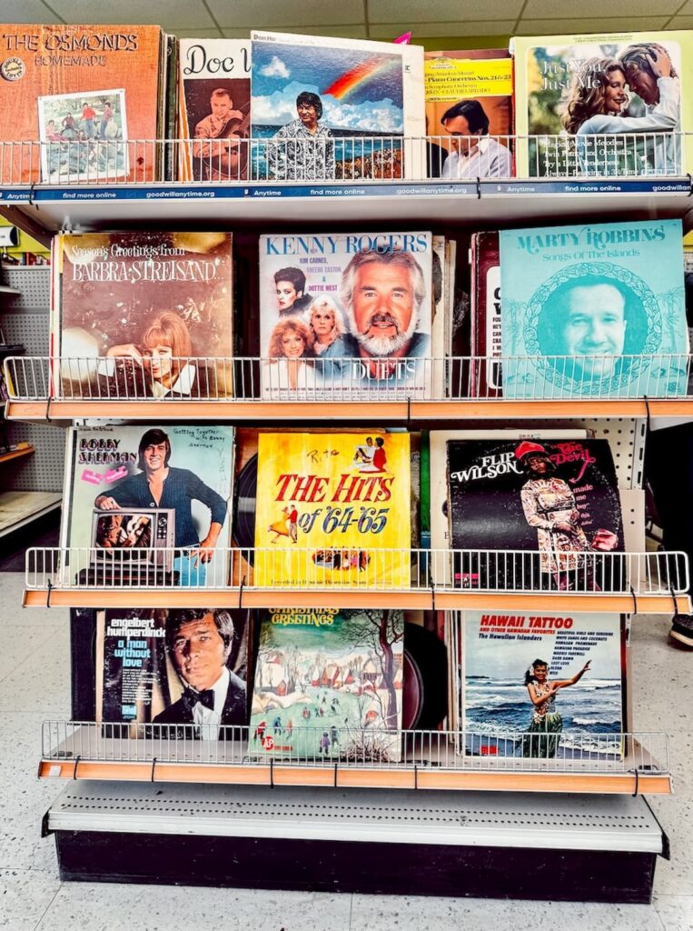 Vintage vinyl collection at Goodwill store for home decor.