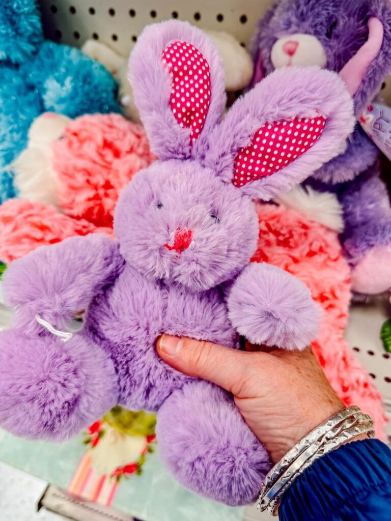 Purple bunny in hand at Goodwill home decor store.