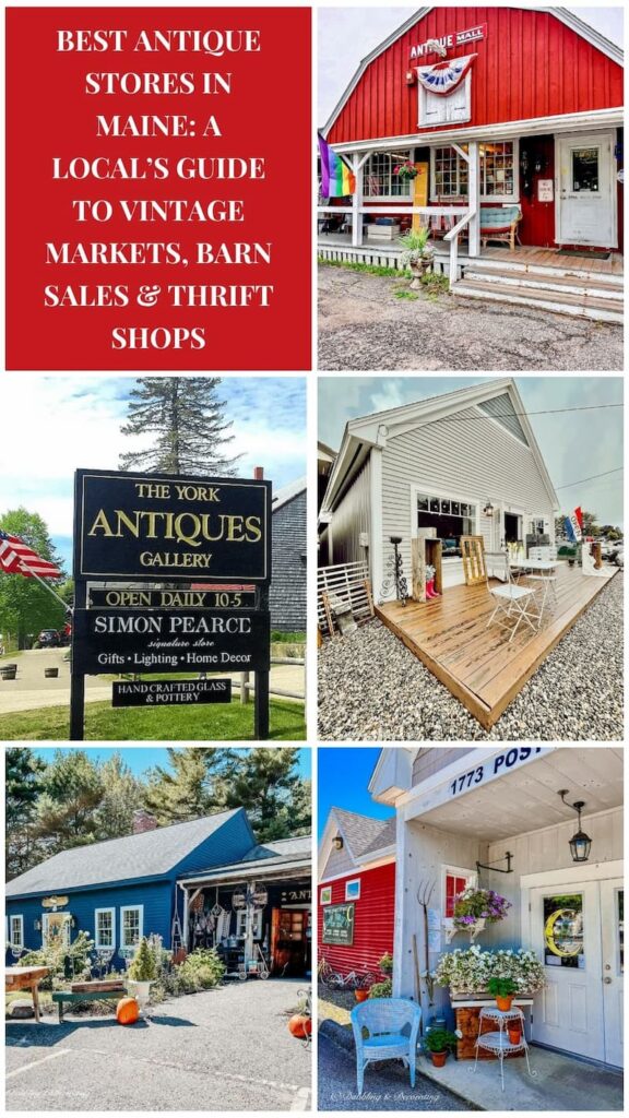Best Antique Stores in Maine: A Local’s Guide to Vintage Markets, Barn Sales & Thrift Shops photo collage.