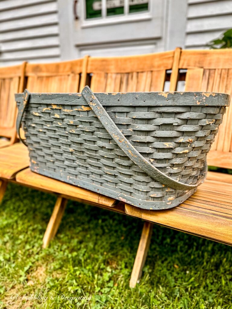Vintage picnic basket in blue with handles large at barn sale.