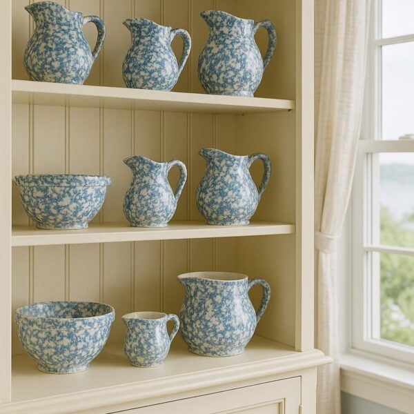 Off white hutch next to window with blue and white vintage pitchers spongeware displayed.