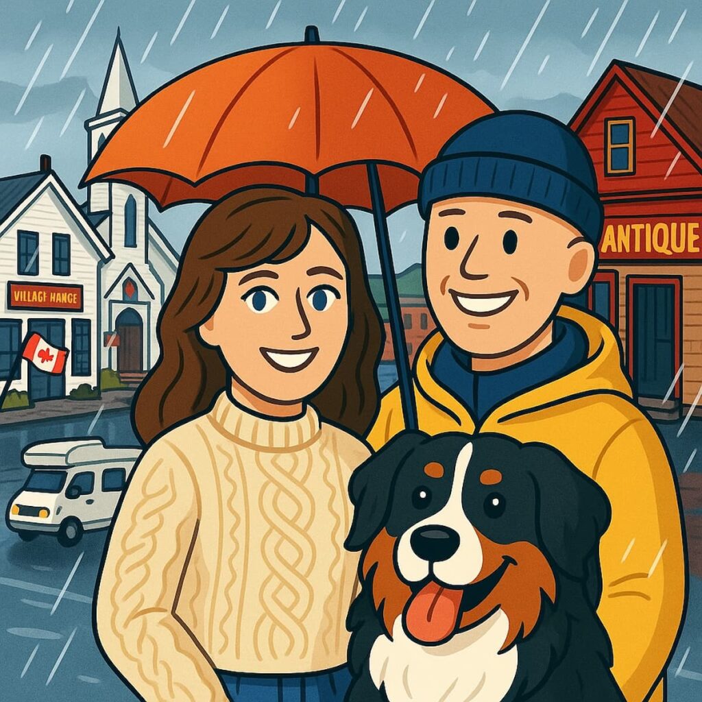 Cartoon of a man and woman with a Bernese Mountain Dog in Great Village Nova Scotia antiquing.