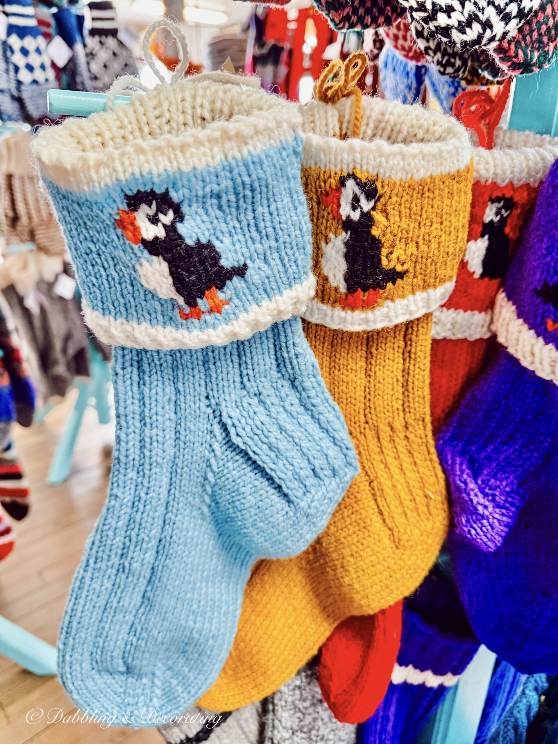 Handmade wool Puffin Socks antiquing in Newfoundland.