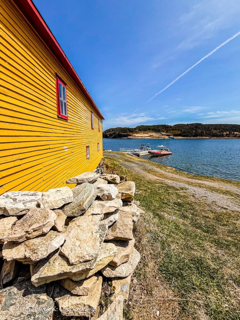 Yellow Newfoundland home on the water with fishing boats.