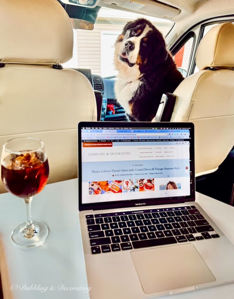Laptop and soda on RV table with Bernese Mountain dog riding shot gun looking on.