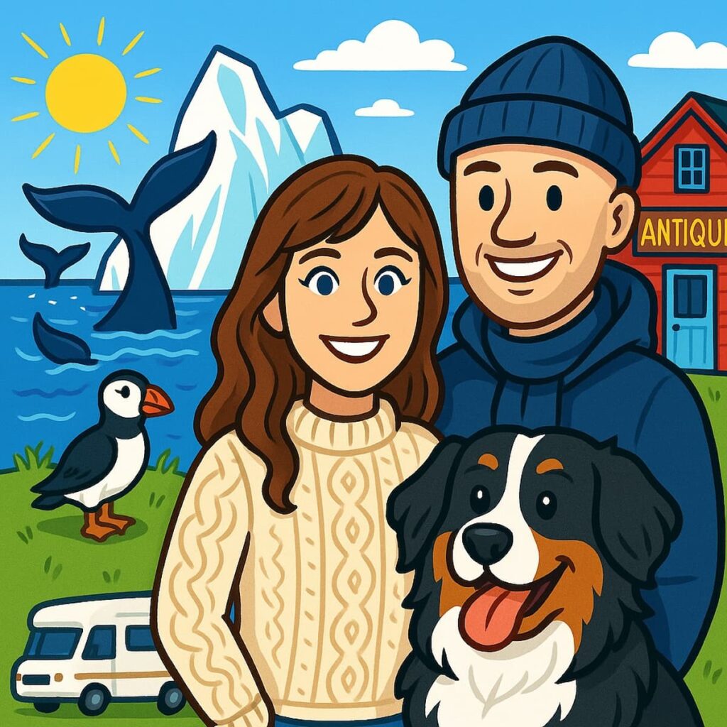 Newfoundland cartoon with man and woman, Bernese mountain dog, RV, antique store and iceberg and puffin. What should I thrift in Newfoundland?