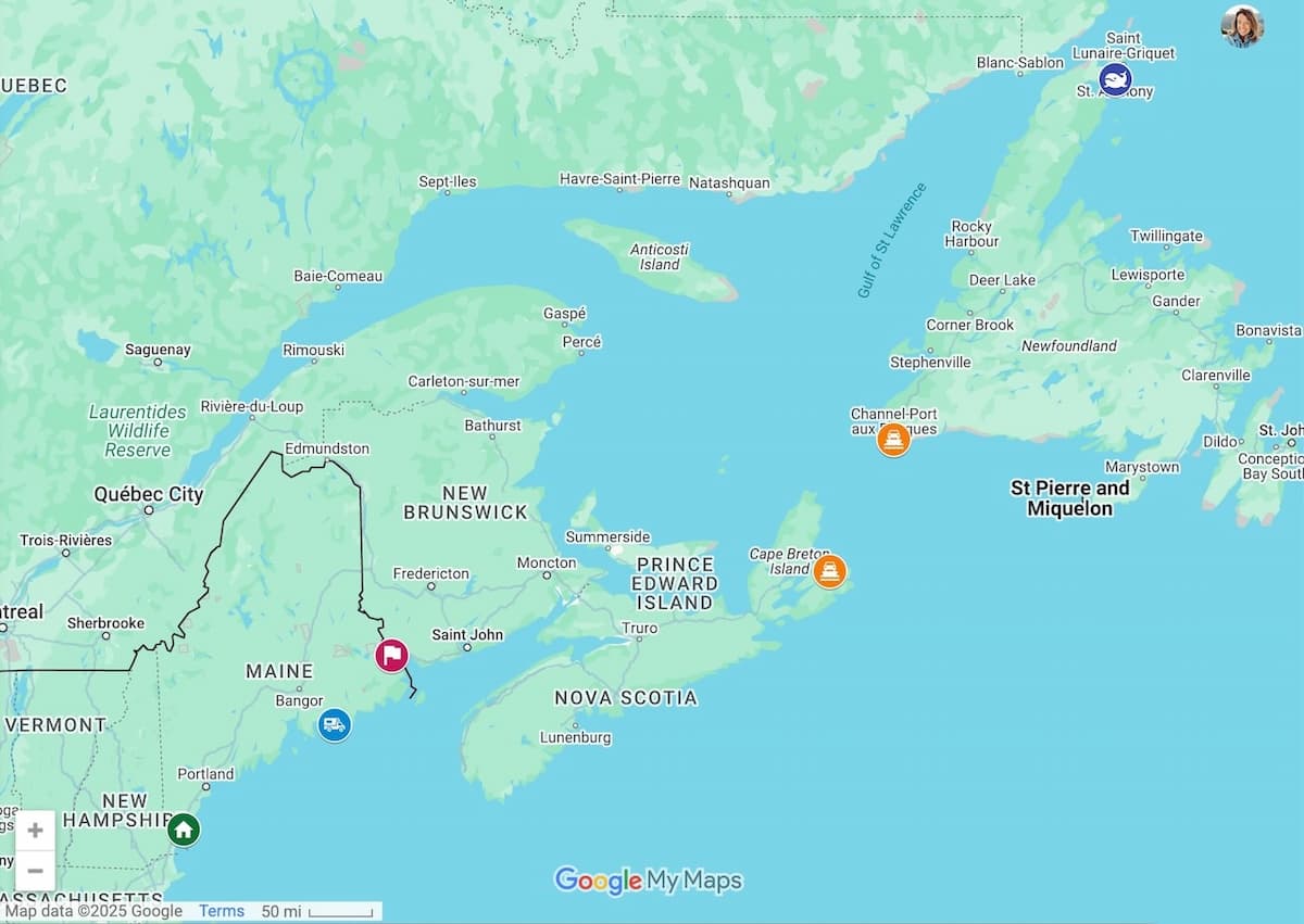 Map of antiquing road trip to Newfoundland from Maine.