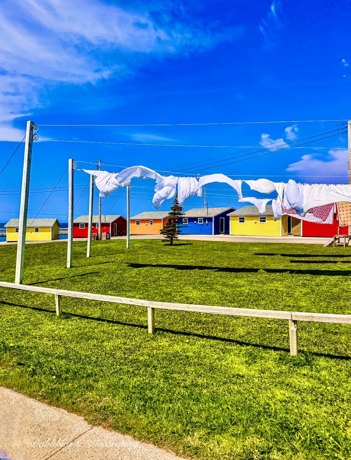 Colorful cottage in Newfoundland in the spring with white sheets on clothesline blowing in the wind.