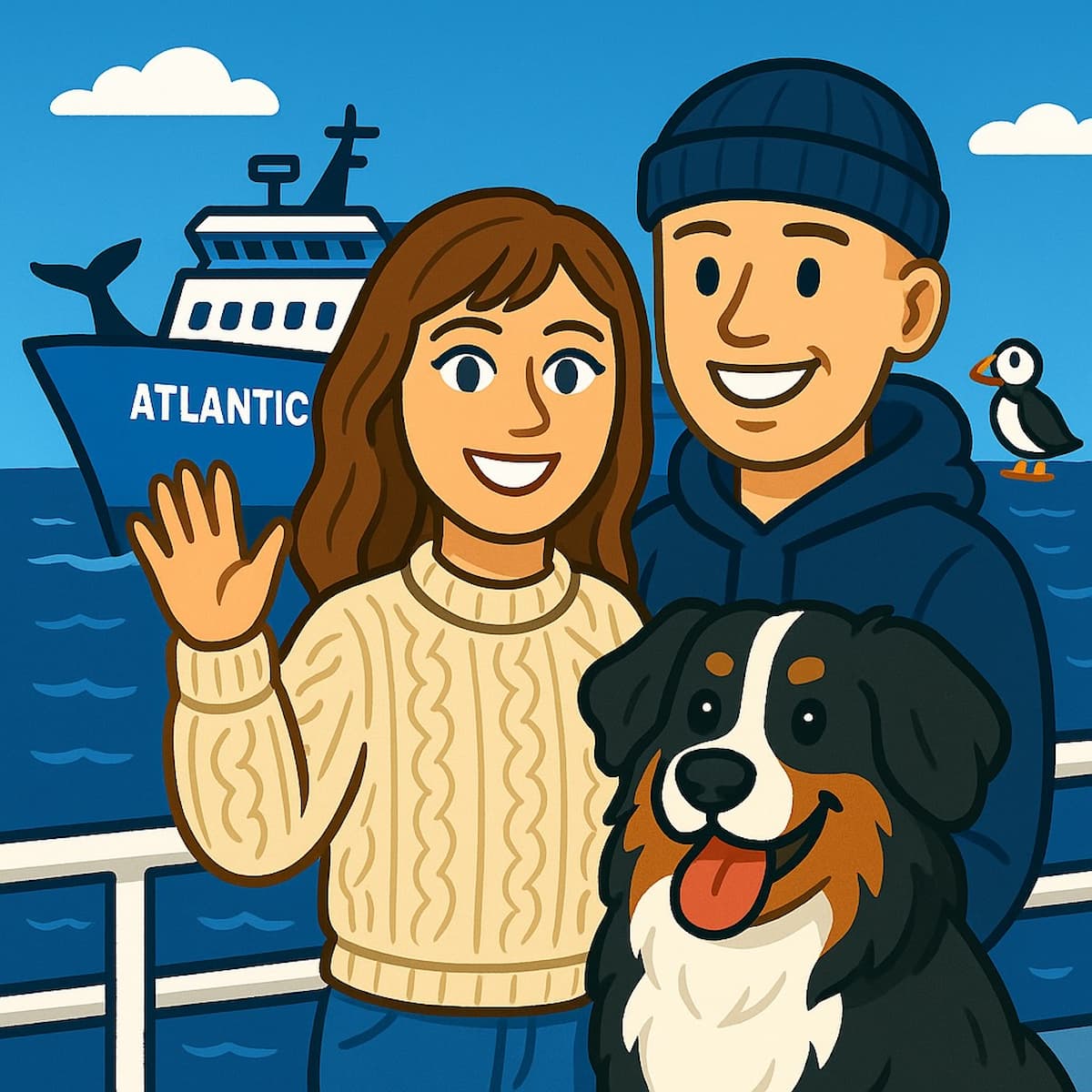 Cartoon of man and woman with Bernese Mountain Dog on Atlantic Maritime Ferry to Newfoundland.